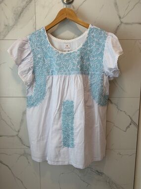 J. Marie White Blouse with Light Blue Embroidery
